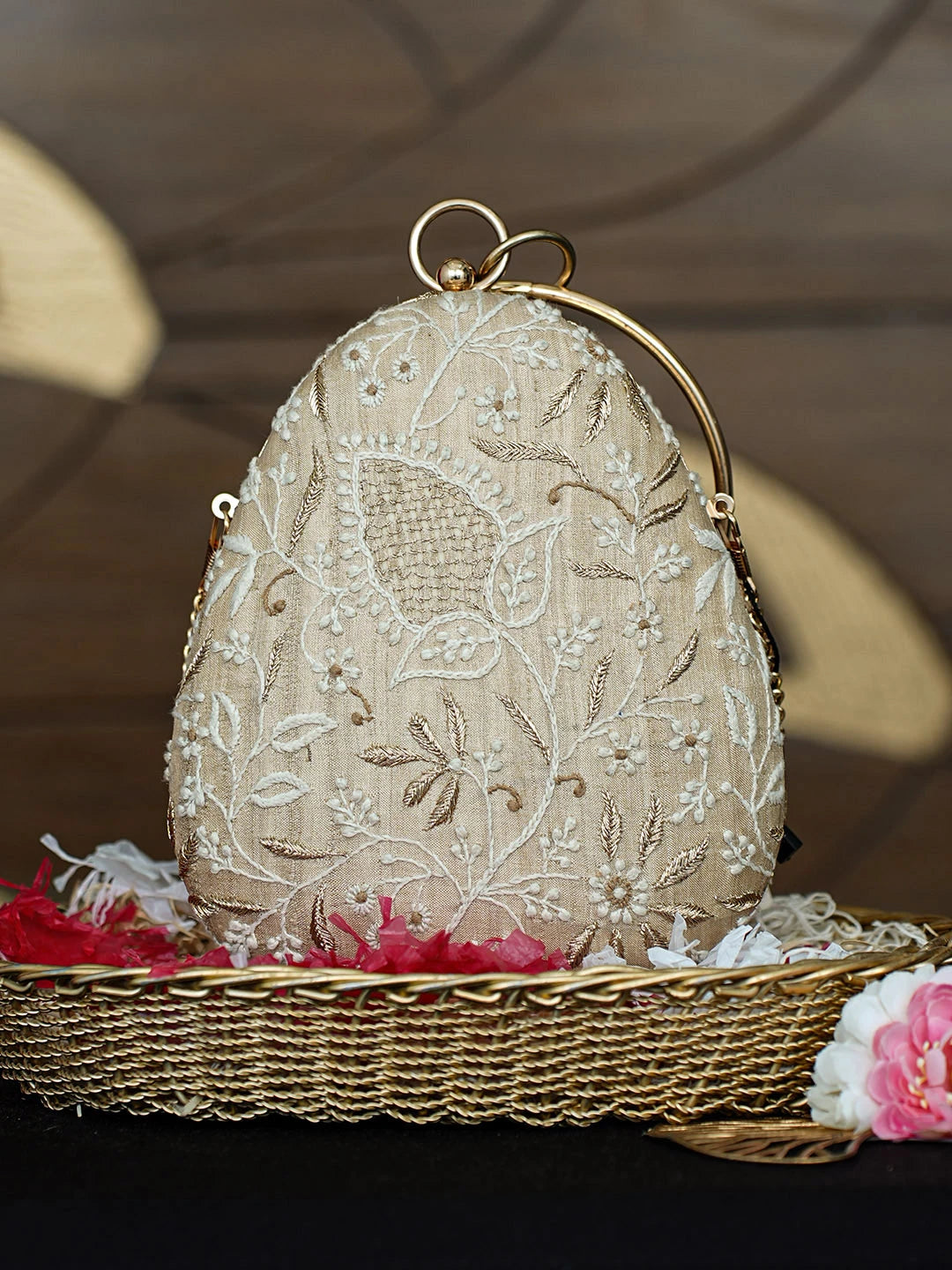 Ada Hand Embroidered Fawn Silk Lucknowi Chikankari Clutch With Zari Work 01A962167