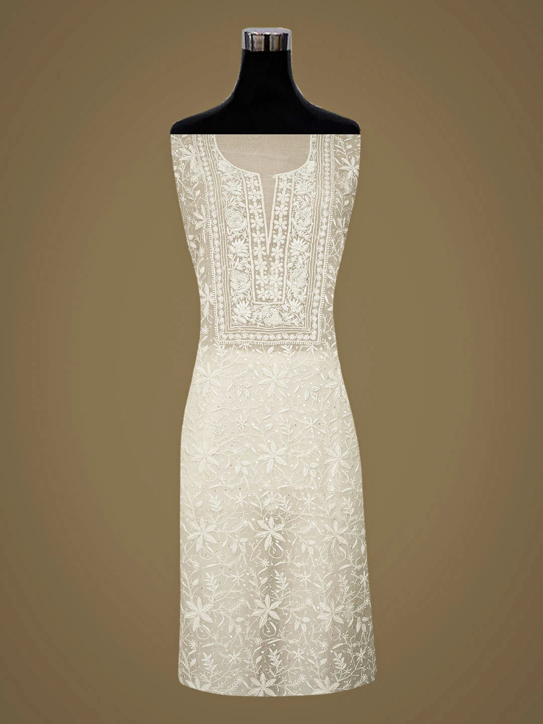 Ada Hand Embroidered Floral White Organza Lucknowi Chikankari Unstitched Kurta Dupatta Set With Sequinned Work 01A972838