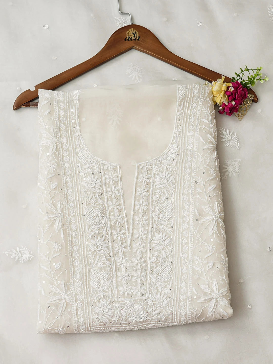 Ada Hand Embroidered Floral White Organza Lucknowi Chikankari Unstitched Kurta Dupatta Set With Sequinned Work 01A972838
