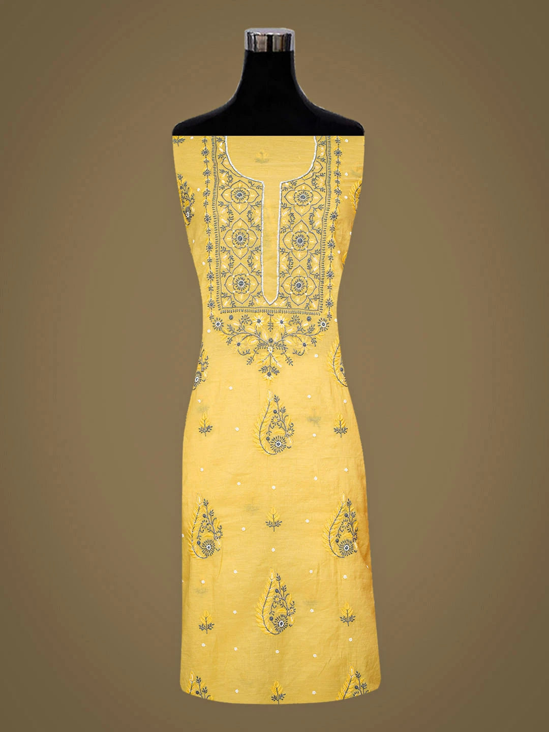Ada Hand Embroidered Yellow Chanderi Lucknowi Chikankari Unstitched Kurta Dupatta Set With Pearl Work 01A957260