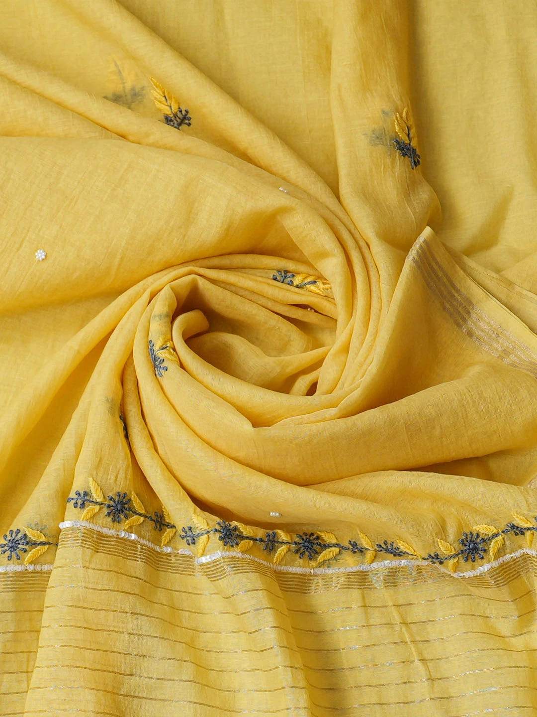 Ada Hand Embroidered Yellow Chanderi Lucknowi Chikankari Unstitched Kurta Dupatta Set With Pearl Work 01A957260