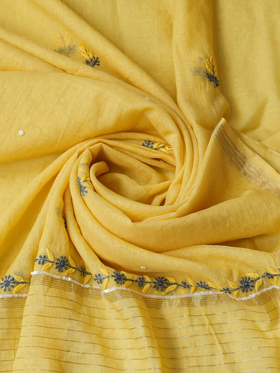 Ada Hand Embroidered Yellow Chanderi Lucknowi Chikankari Unstitched Kurta Dupatta Set With Pearl Work 01A957260