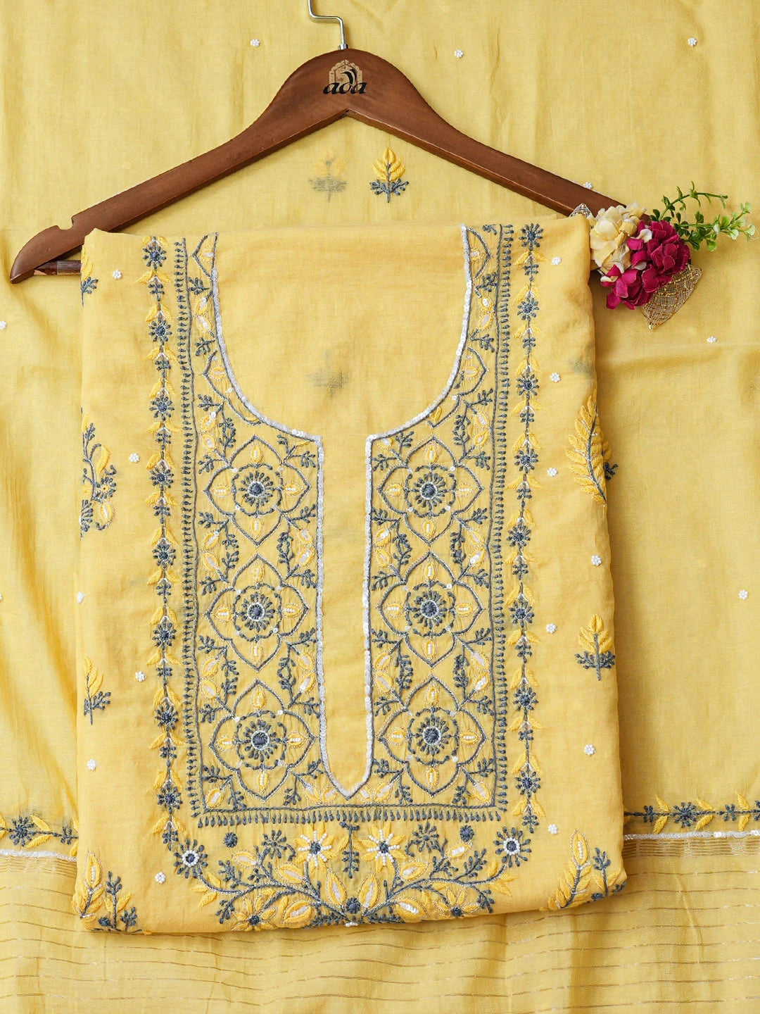 Ada Hand Embroidered Yellow Chanderi Lucknowi Chikankari Unstitched Kurta Dupatta Set With Pearl Work 01A957260