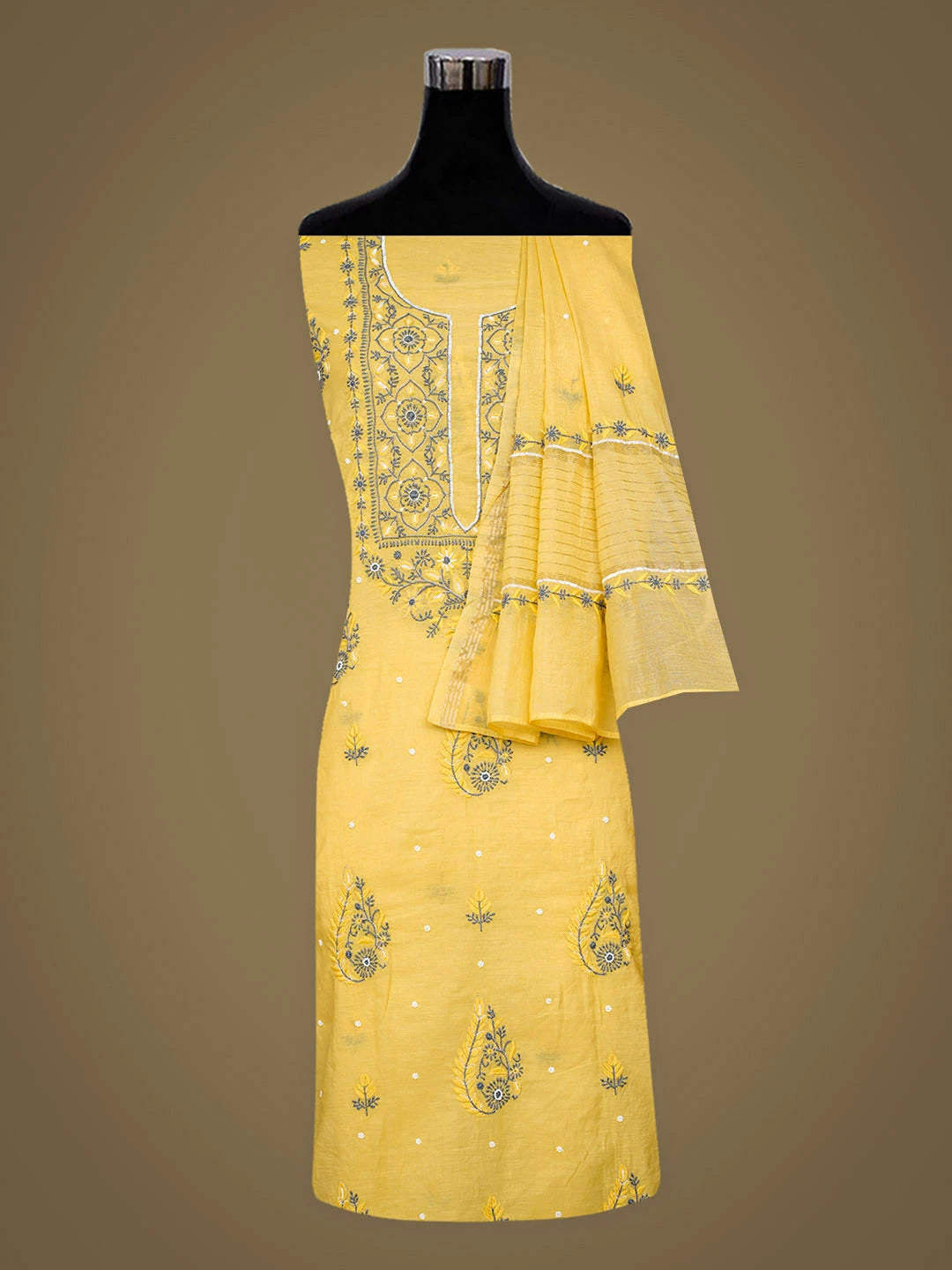 Ada Hand Embroidered Yellow Chanderi Lucknowi Chikankari Unstitched Kurta Dupatta Set With Pearl Work 01A957260