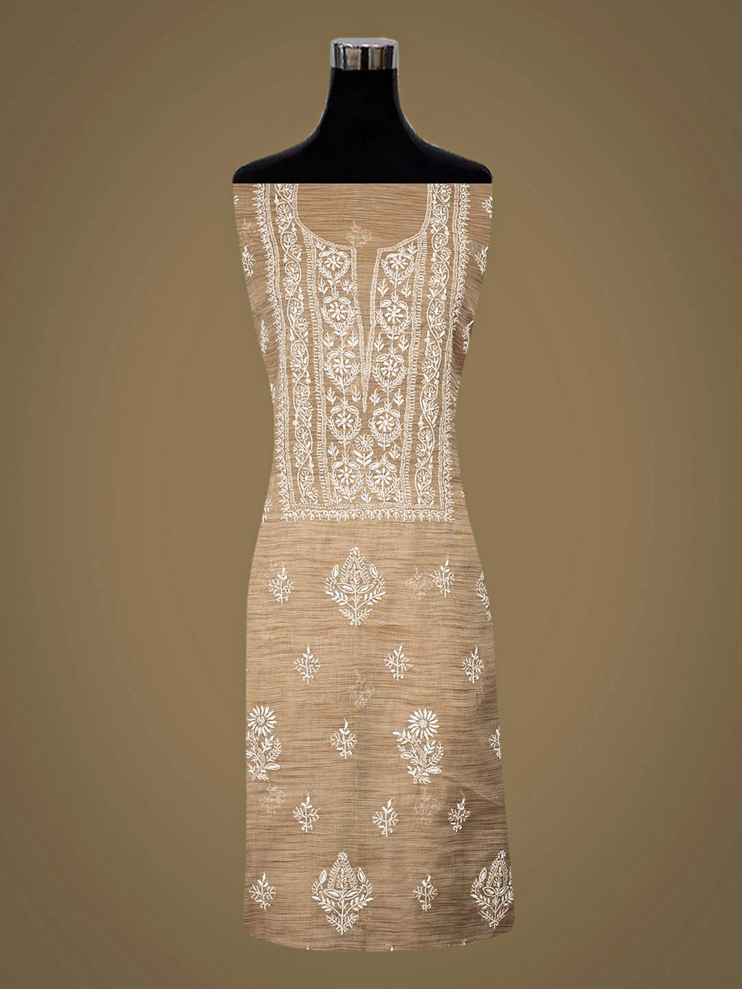 Ada Hand Embroidered Fawn Tissue Lucknowi Chikankari Unstitched Kurta Dupatta Set 01A974685