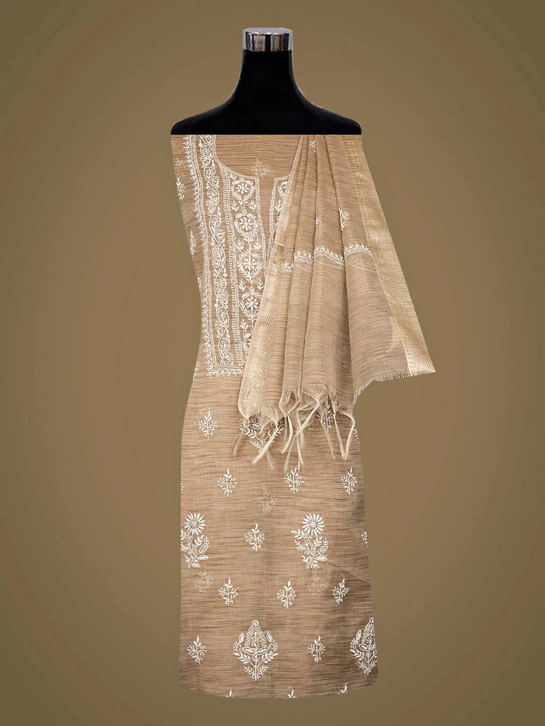 Ada Hand Embroidered Fawn Tissue Lucknowi Chikankari Unstitched Kurta Dupatta Set 01A974685