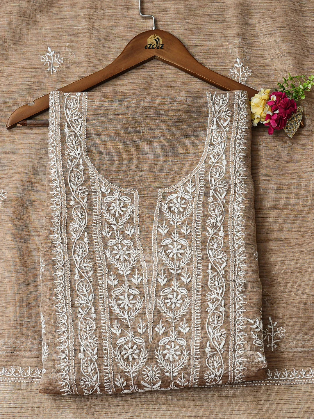 Ada Hand Embroidered Fawn Tissue Lucknowi Chikankari Unstitched Kurta Dupatta Set 01A974685