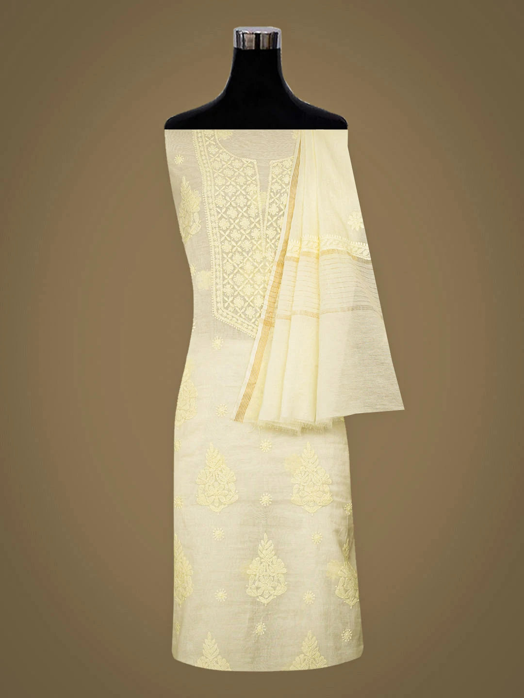 Ada Hand Embroidered Lemon Chanderi Lucknowi Chikankari Unstitched Kurta Dupatta Set 01A972716