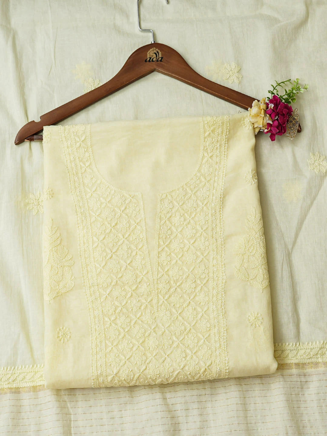 Ada Hand Embroidered Lemon Chanderi Lucknowi Chikankari Unstitched Kurta Dupatta Set 01A972716