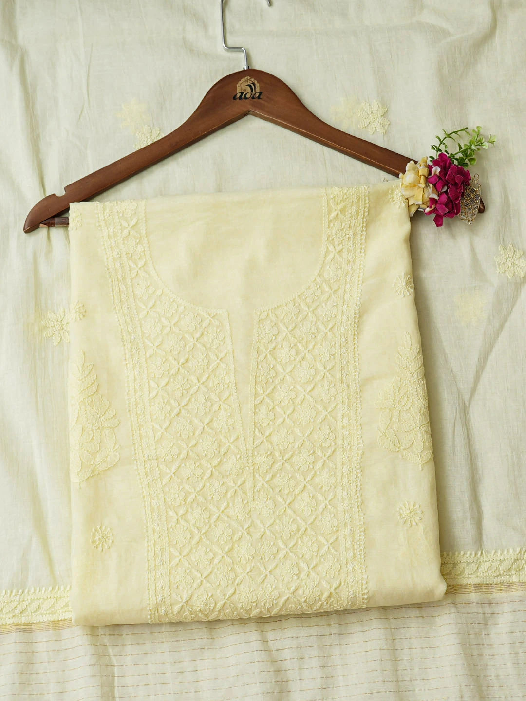 Ada Hand Embroidered Lemon Chanderi Lucknowi Chikankari Unstitched Kurta Dupatta Set 01A972716