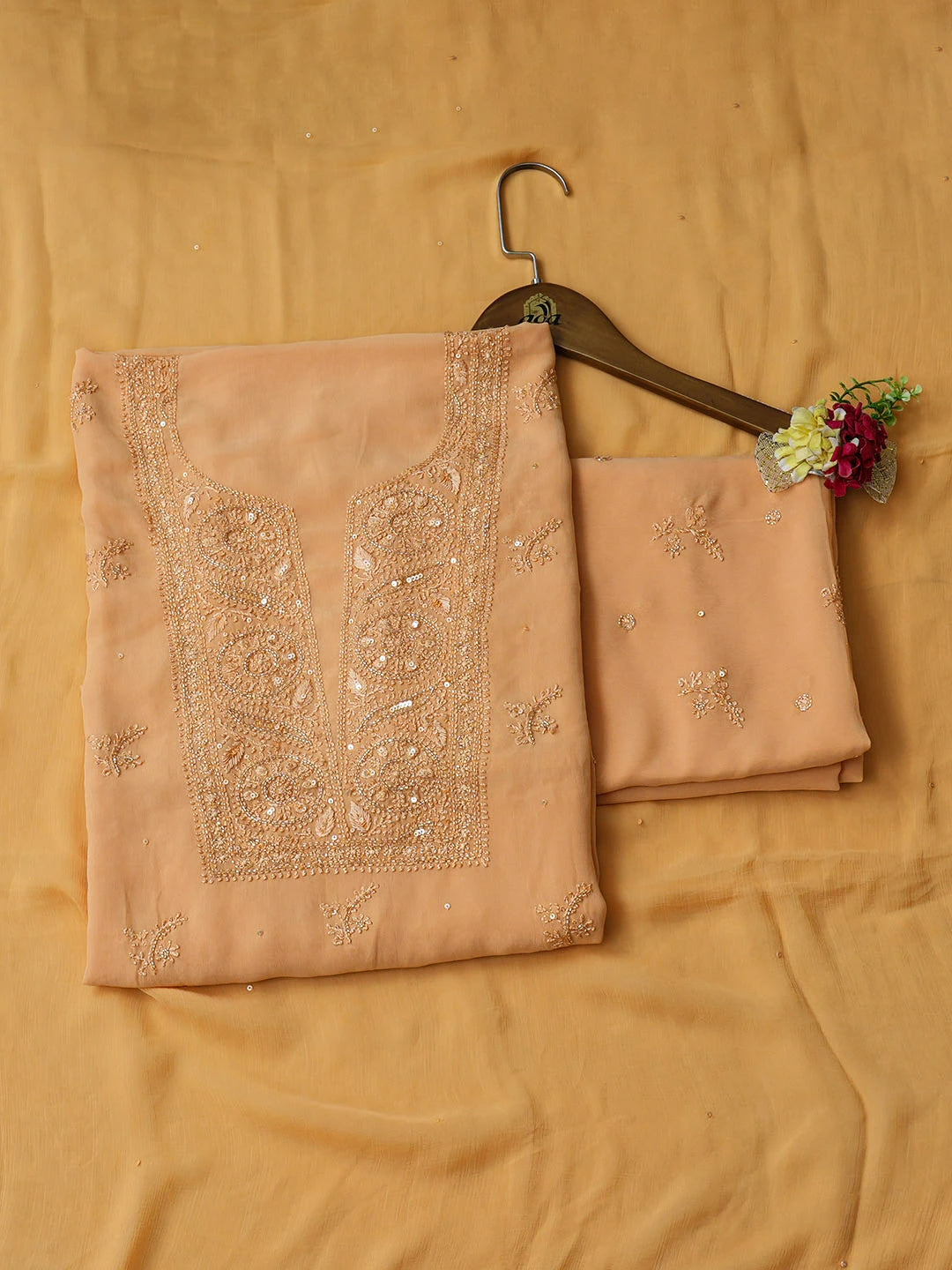 Ada Hand Embroidered Peach Viscose Georgette Lucknowi Chikankari Unstitched Suit Piece With Cutdana Work 01A922565