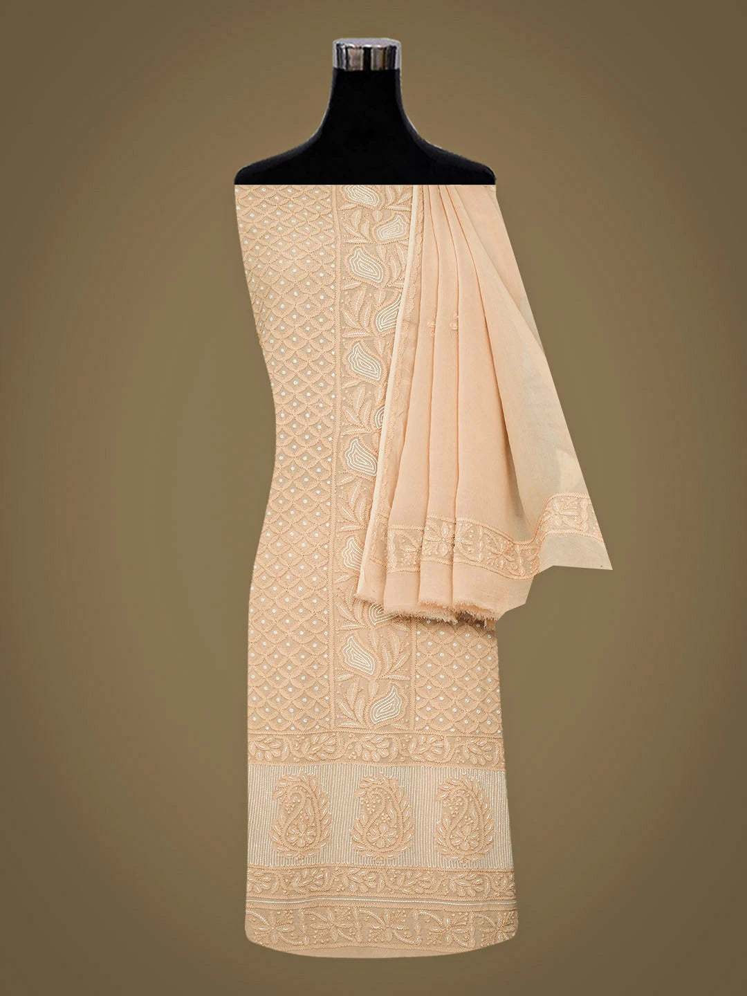 Ada Hand Embroidered Brown Viscose Georgette Lucknowi Chikankari Unstitched Kurta Dupatta Set With Cutdana Work 01A957830