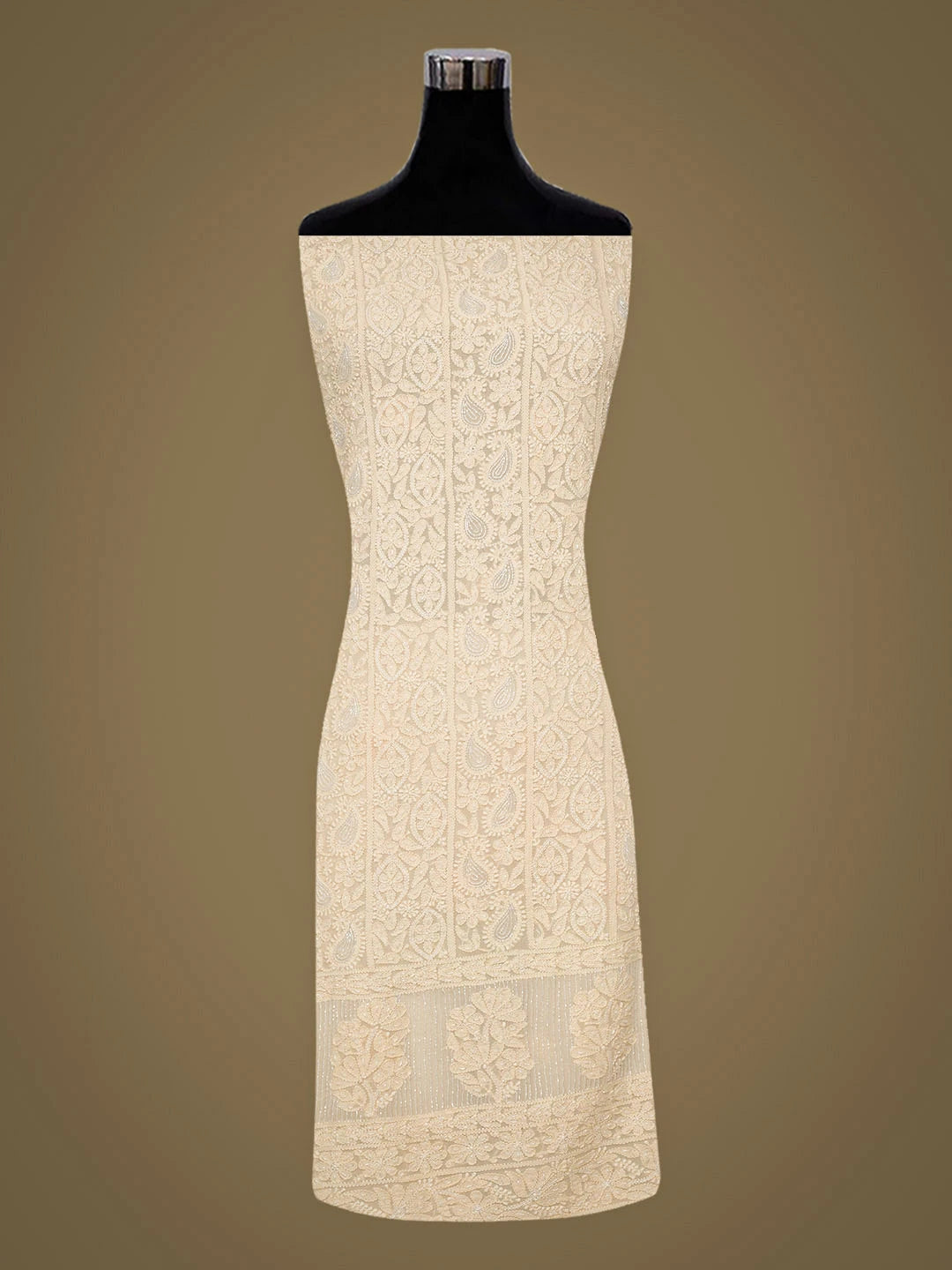 Ada Hand Embroidered Cream Viscose Georgette Lucknowi Chikankari Unstitched Kurta Dupatta Set With Cutdana Work 01A957786