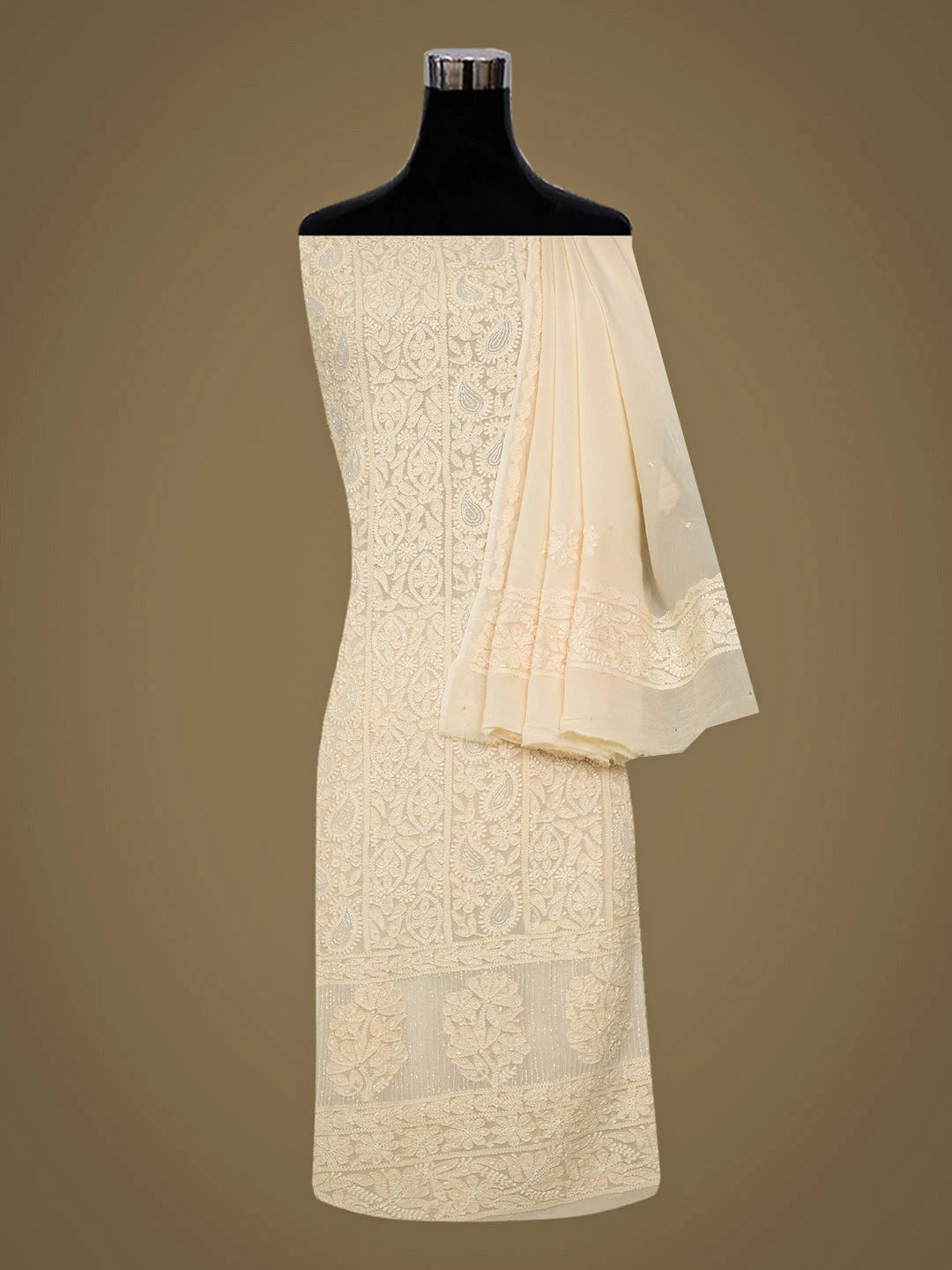 Ada Hand Embroidered Cream Viscose Georgette Lucknowi Chikankari Unstitched Kurta Dupatta Set With Cutdana Work 01A957786