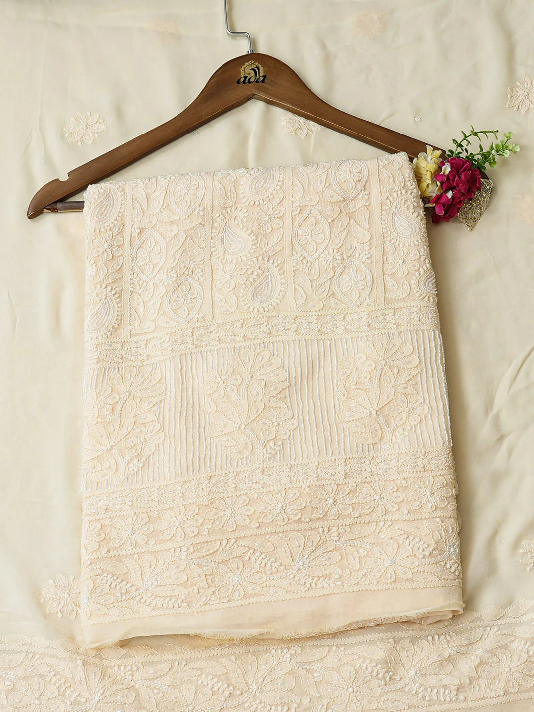 Ada Hand Embroidered Cream Viscose Georgette Lucknowi Chikankari Unstitched Kurta Dupatta Set With Cutdana Work 01A957786
