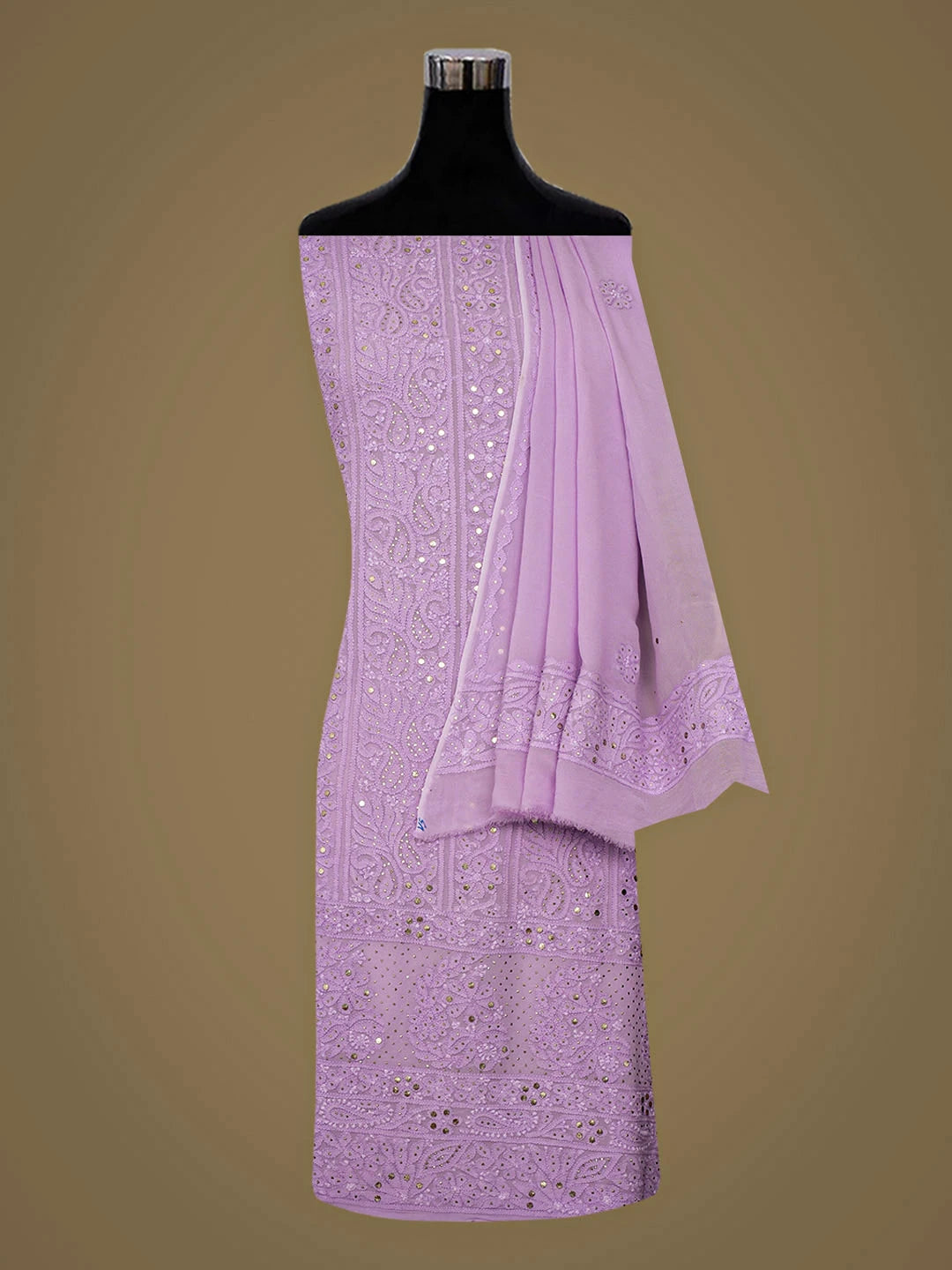 Ada Hand Embroidered Lavender Viscose Georgette Lucknowi Chikankari Unstitched Kurta Dupatta Set With Muqaish/Mukaish Work 01A967042