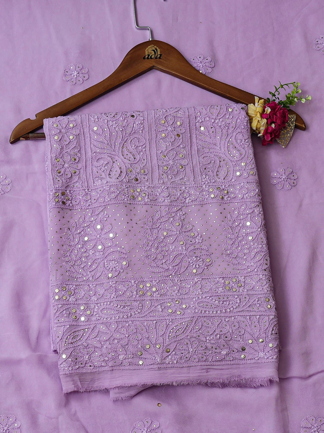 Ada Hand Embroidered Lavender Viscose Georgette Lucknowi Chikankari Unstitched Kurta Dupatta Set With Muqaish/Mukaish Work 01A967042