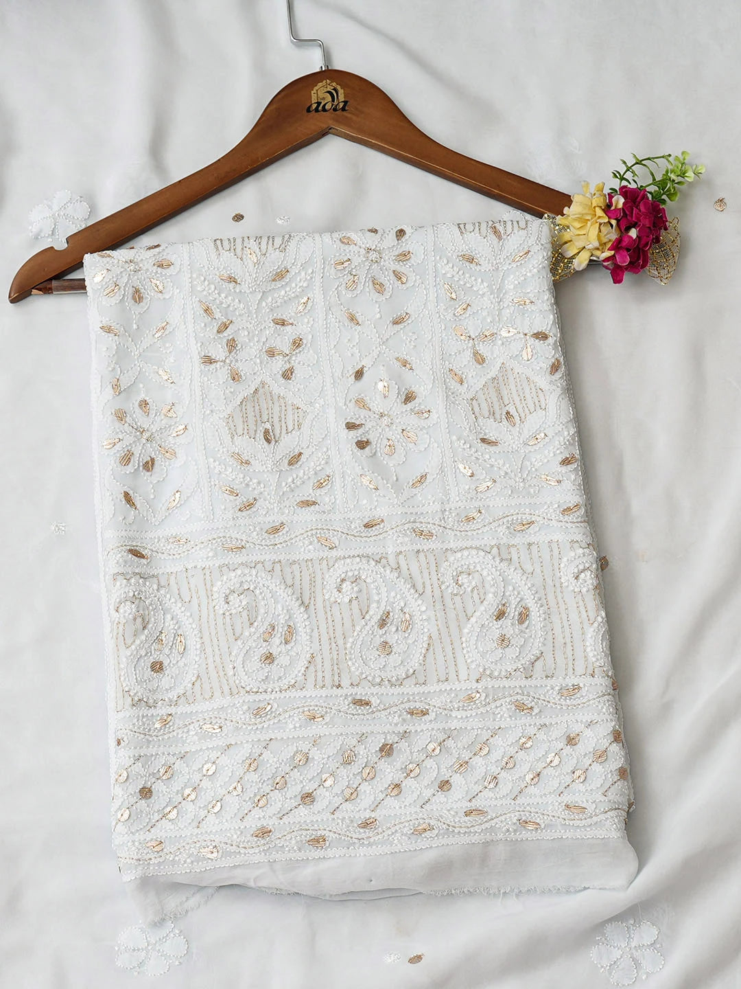 Ada Hand Embroidered Light Blue Viscose Georgette Lucknowi Chikankari Unstitched Kurta Dupatta Set With Gota Patti Work 01A962555