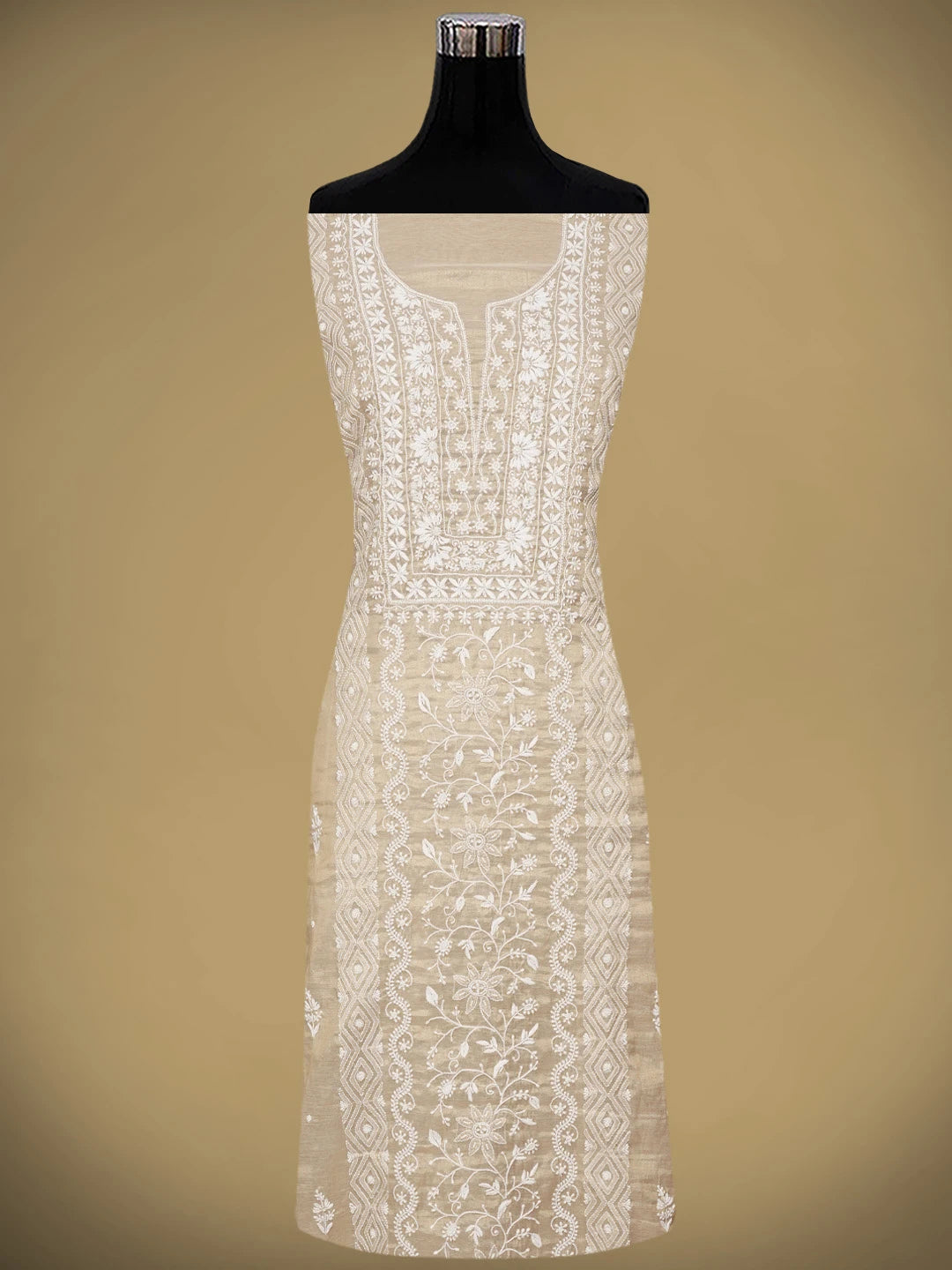 Ada Hand Embroidered Fawn Tissue Lucknowi Chikankari Unstitched Kurta Dupatta Set With Pearl Work 01A968207