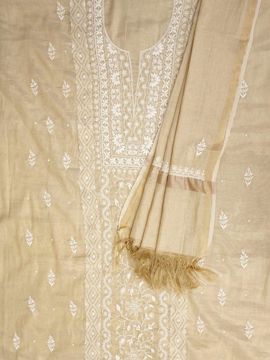 Ada Hand Embroidered Fawn Tissue Lucknowi Chikankari Unstitched Kurta Dupatta Set With Pearl Work 01A968207
