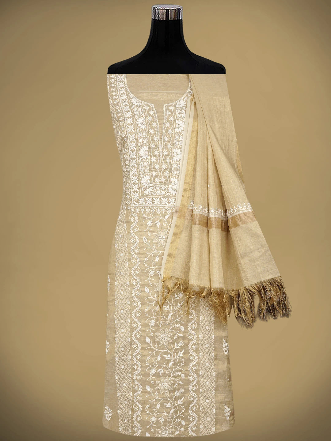 Ada Hand Embroidered Fawn Tissue Lucknowi Chikankari Unstitched Kurta Dupatta Set With Pearl Work 01A968207