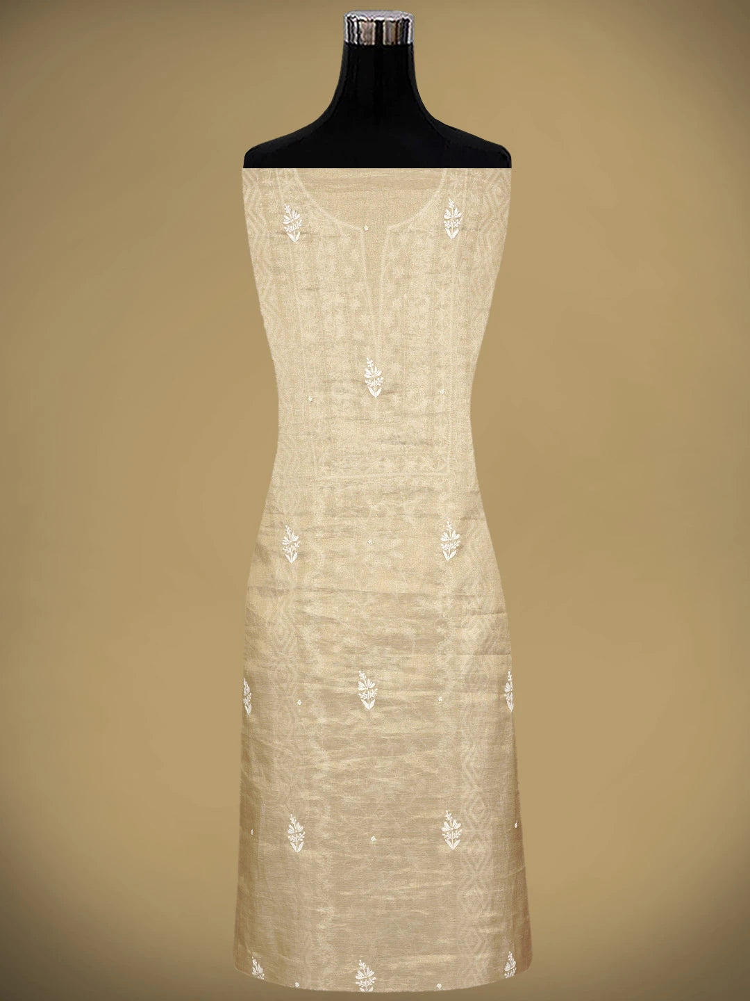 Ada Hand Embroidered Fawn Tissue Lucknowi Chikankari Unstitched Kurta Dupatta Set With Pearl Work 01A968207