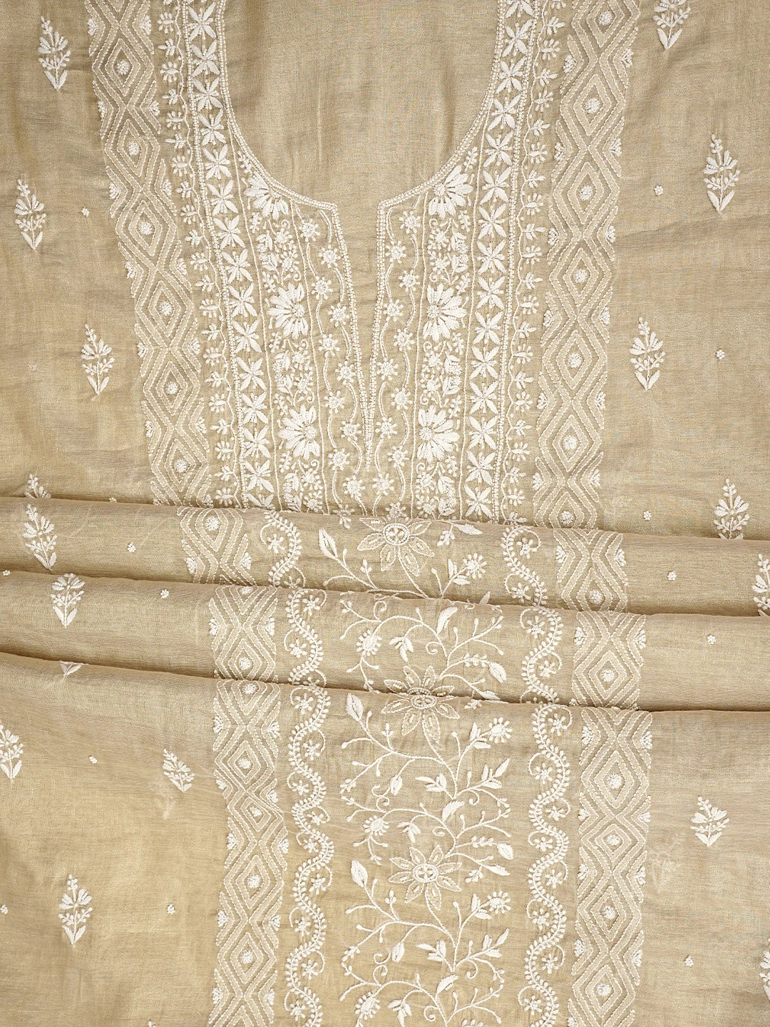 Ada Hand Embroidered Fawn Tissue Lucknowi Chikankari Unstitched Kurta Dupatta Set With Pearl Work 01A968207