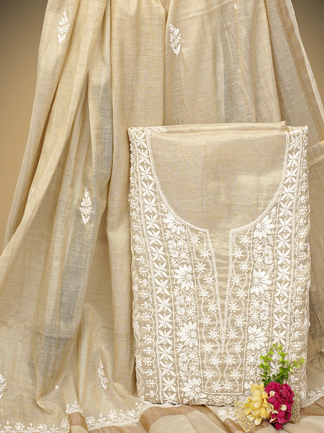 Ada Hand Embroidered Fawn Tissue Lucknowi Chikankari Unstitched Kurta Dupatta Set With Pearl Work 01A968207