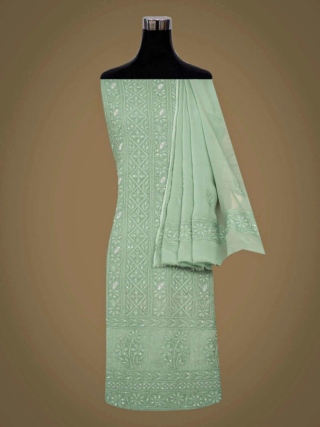 Ada Hand Embroidered Green Viscose Georgette Lucknowi Chikankari Unstitched Kurta Dupatta Set With Pearl Work 01A957739