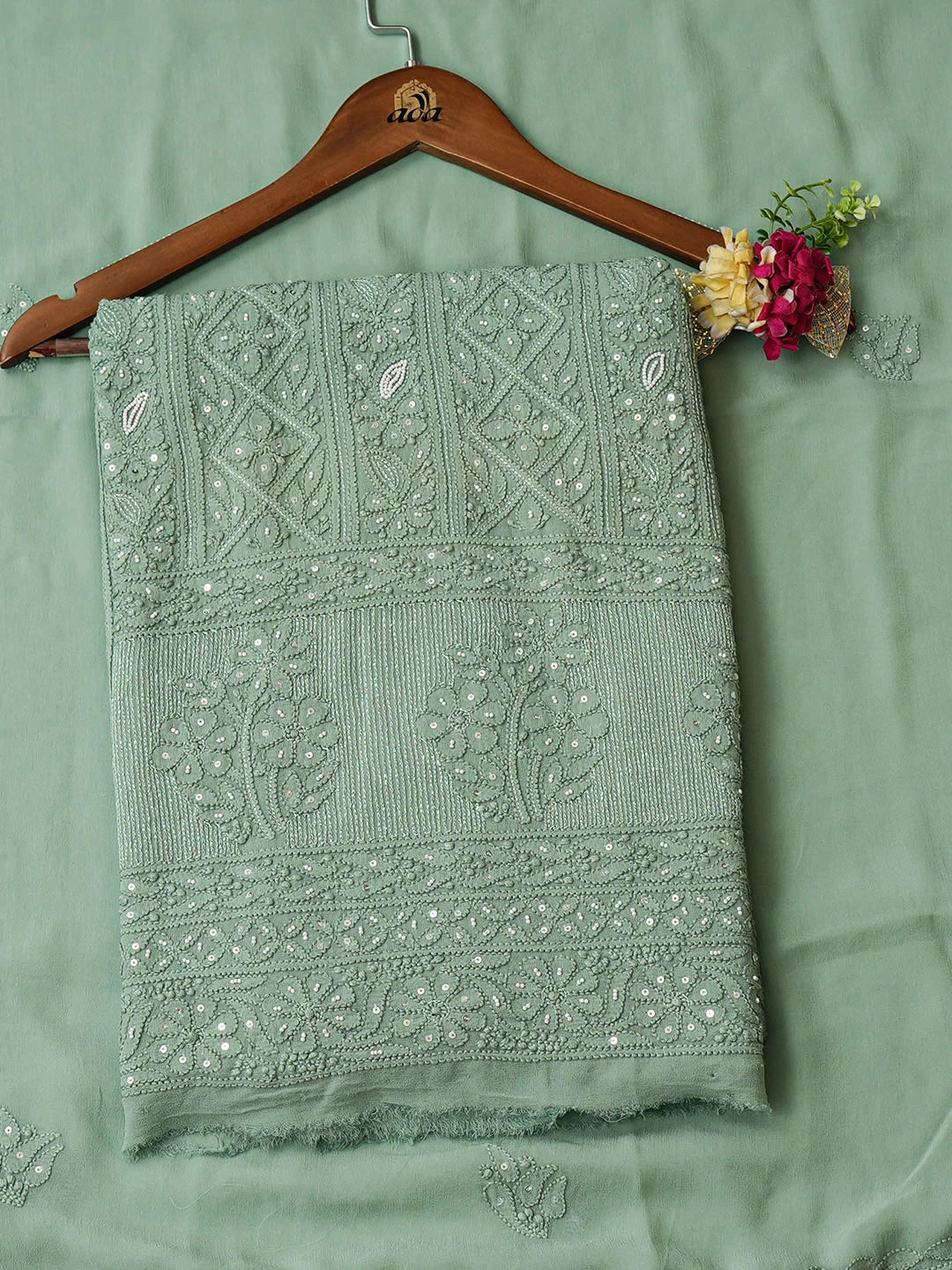 Ada Hand Embroidered Green Viscose Georgette Lucknowi Chikankari Unstitched Kurta Dupatta Set With Pearl Work 01A957739