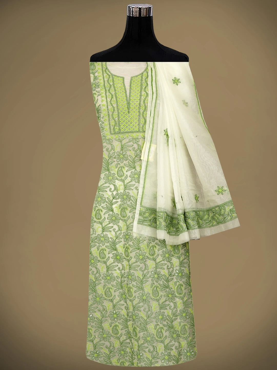 Ada Hand Embroidered Floral White Organza Lucknowi Chikankari Unstitched Kurta Dupatta Set With Sequinned Work 01A967611