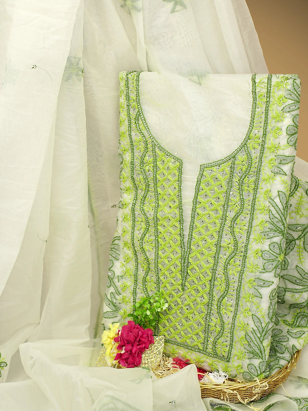 Ada Hand Embroidered Floral White Organza Lucknowi Chikankari Unstitched Kurta Dupatta Set With Sequinned Work 01A967611