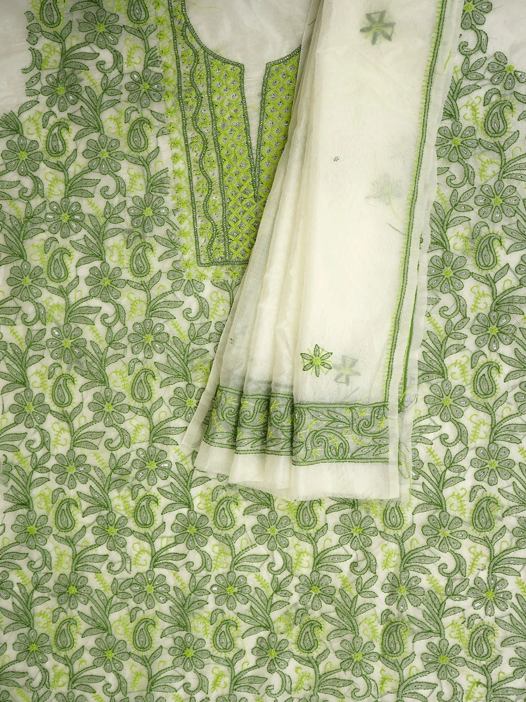 Ada Hand Embroidered Floral White Organza Lucknowi Chikankari Unstitched Kurta Dupatta Set With Sequinned Work 01A967611