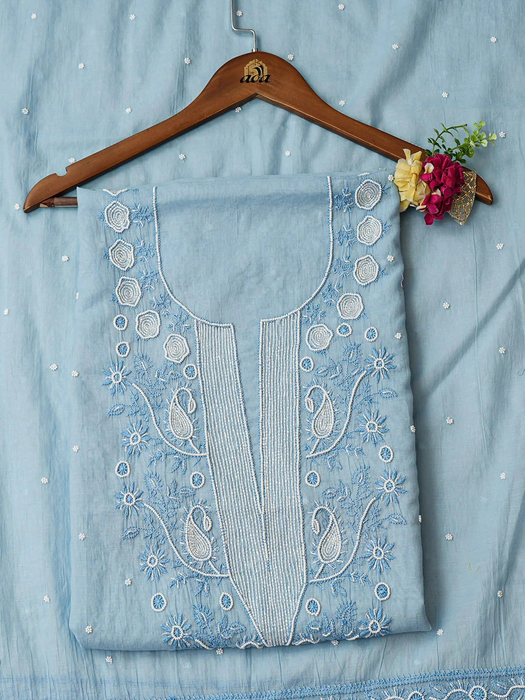 Ada Hand Embroidered Blue Chanderi Lucknowi Chikankari Unstitched Kurta Dupatta Set With Pearl Work 01A972771