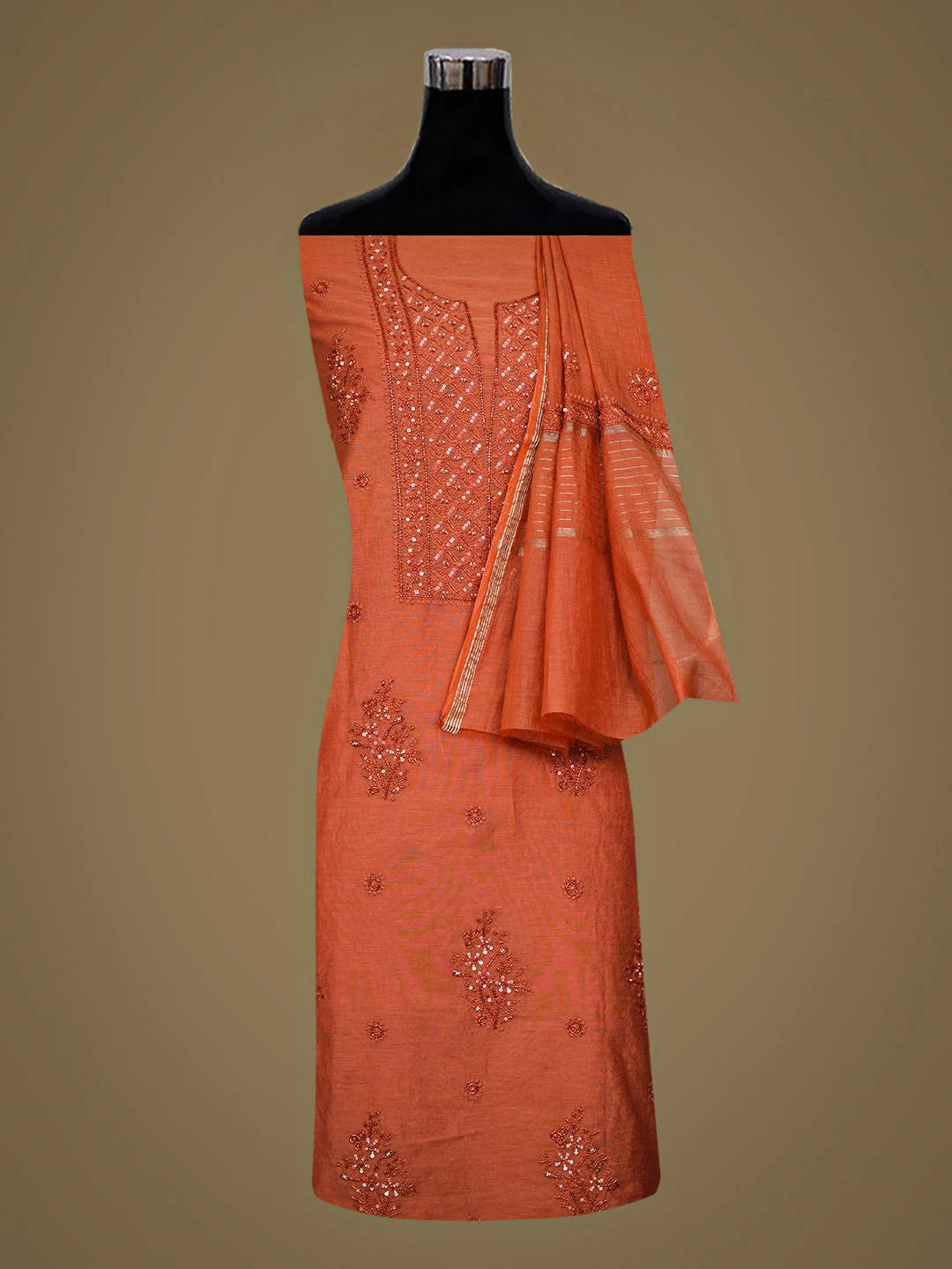 Ada Hand Embroidered Rust Chanderi Lucknowi Chikankari Unstitched Kurta Dupatta Set With Cutdana Work 01A890054