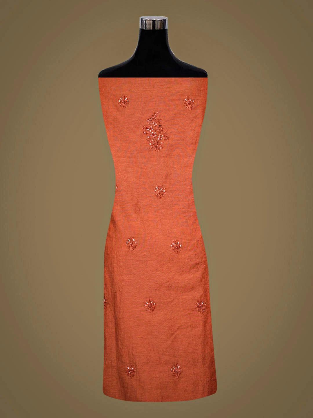 Ada Hand Embroidered Rust Chanderi Lucknowi Chikankari Unstitched Kurta Dupatta Set With Cutdana Work 01A890054