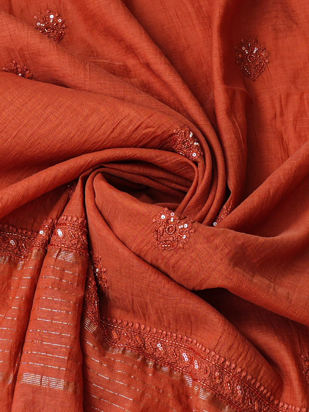 Ada Hand Embroidered Rust Chanderi Lucknowi Chikankari Unstitched Kurta Dupatta Set With Cutdana Work 01A890054