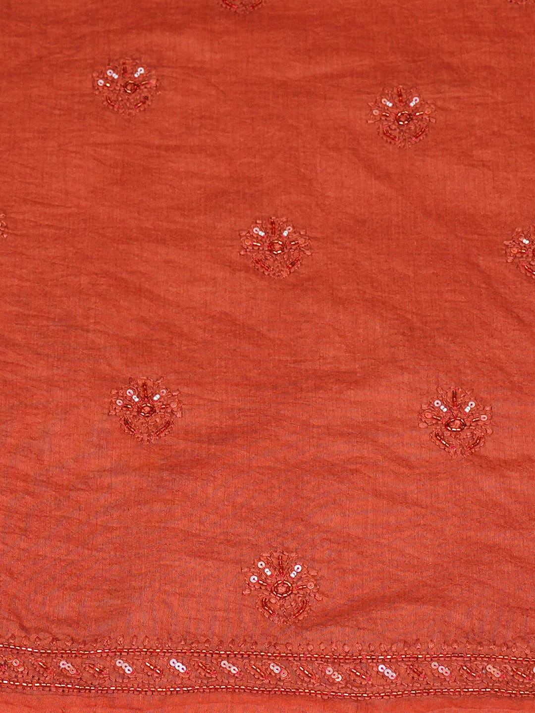 Ada Hand Embroidered Rust Chanderi Lucknowi Chikankari Unstitched Kurta Dupatta Set With Cutdana Work 01A890054