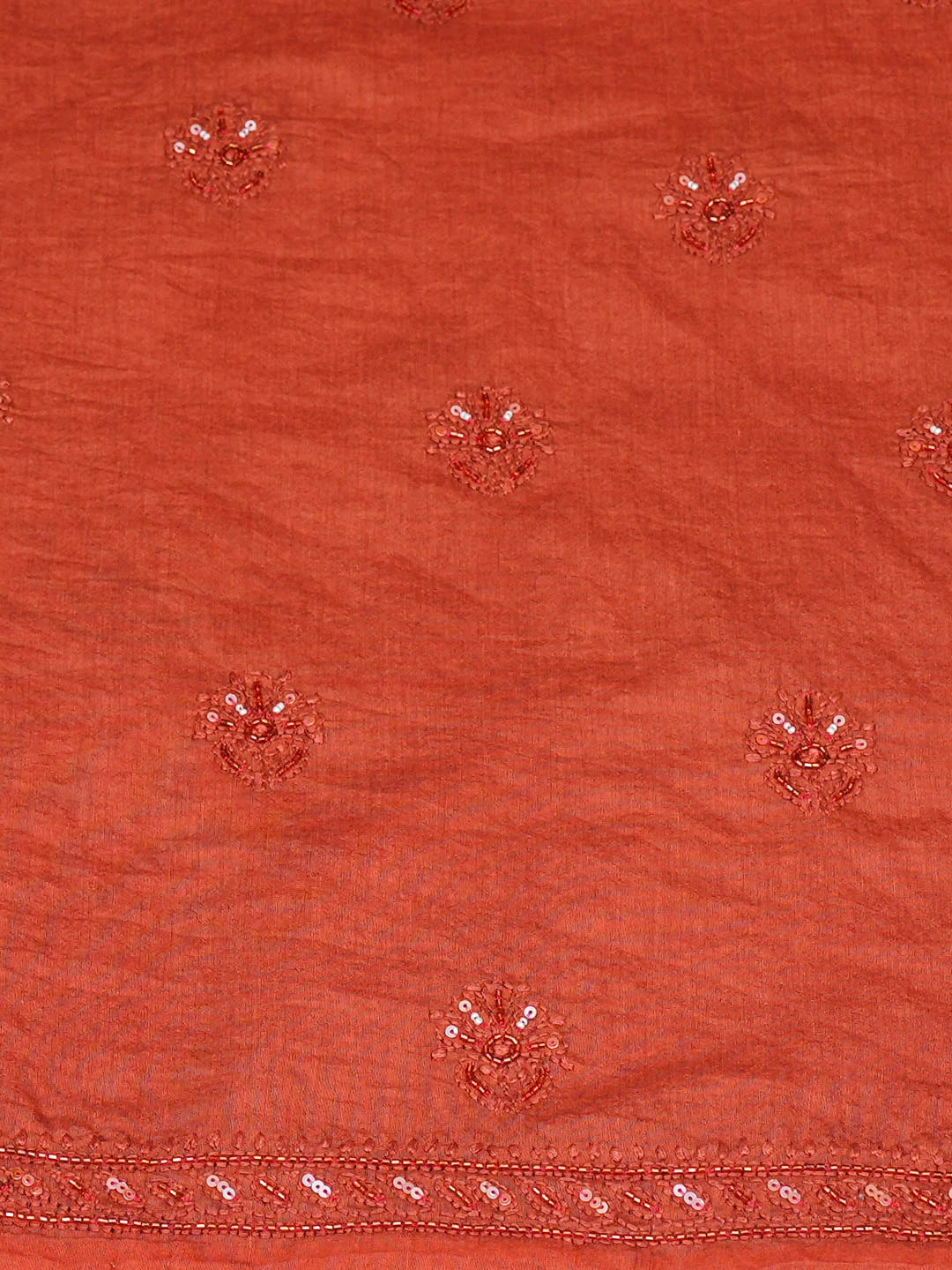 Ada Hand Embroidered Rust Chanderi Lucknowi Chikankari Unstitched Kurta Dupatta Set With Cutdana Work 01A890054