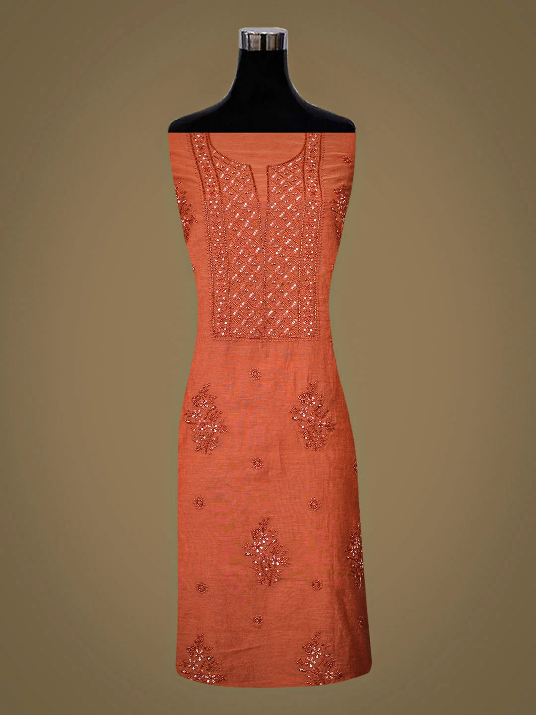 Ada Hand Embroidered Rust Chanderi Lucknowi Chikankari Unstitched Kurta Dupatta Set With Cutdana Work 01A890054