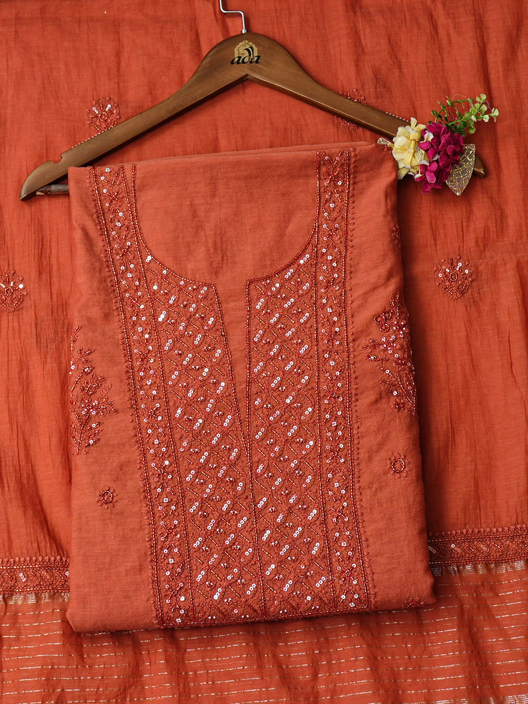 Ada Hand Embroidered Rust Chanderi Lucknowi Chikankari Unstitched Kurta Dupatta Set With Cutdana Work 01A890054