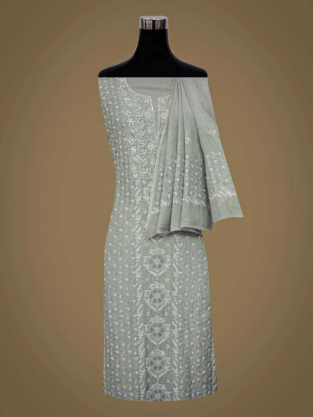 Ada Hand Embroidered Grey Tissue Lucknowi Chikankari Unstitched Kurta Dupatta Set With Zari Taar Work 01A943645