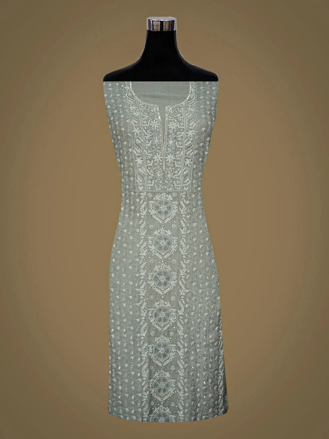 Ada Hand Embroidered Grey Tissue Lucknowi Chikankari Unstitched Kurta Dupatta Set With Zari Taar Work 01A943645