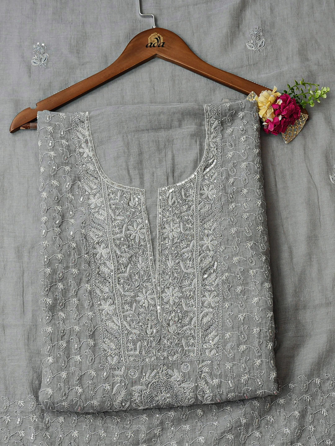 Ada Hand Embroidered Grey Tissue Lucknowi Chikankari Unstitched Kurta Dupatta Set With Zari Taar Work 01A943645