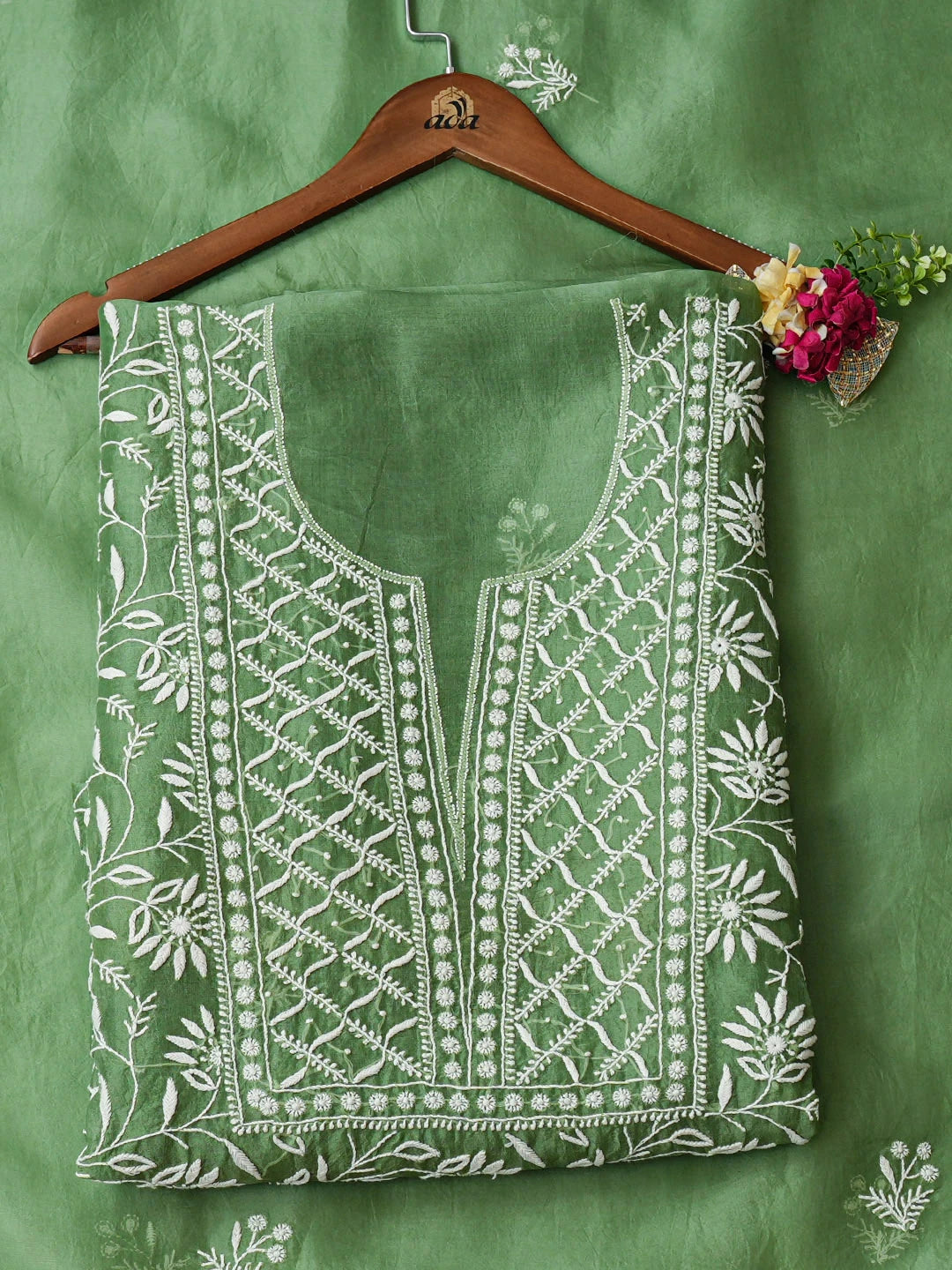Ada Hand Embroidered Green Organza Lucknowi Chikankari Unstitched Kurta Dupatta Set 01A919842