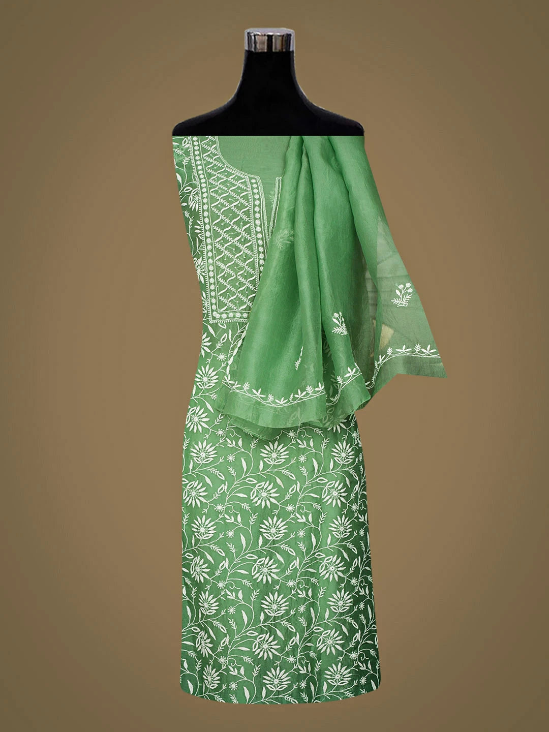 Ada Hand Embroidered Green Organza Lucknowi Chikankari Unstitched Kurta Dupatta Set 01A919842