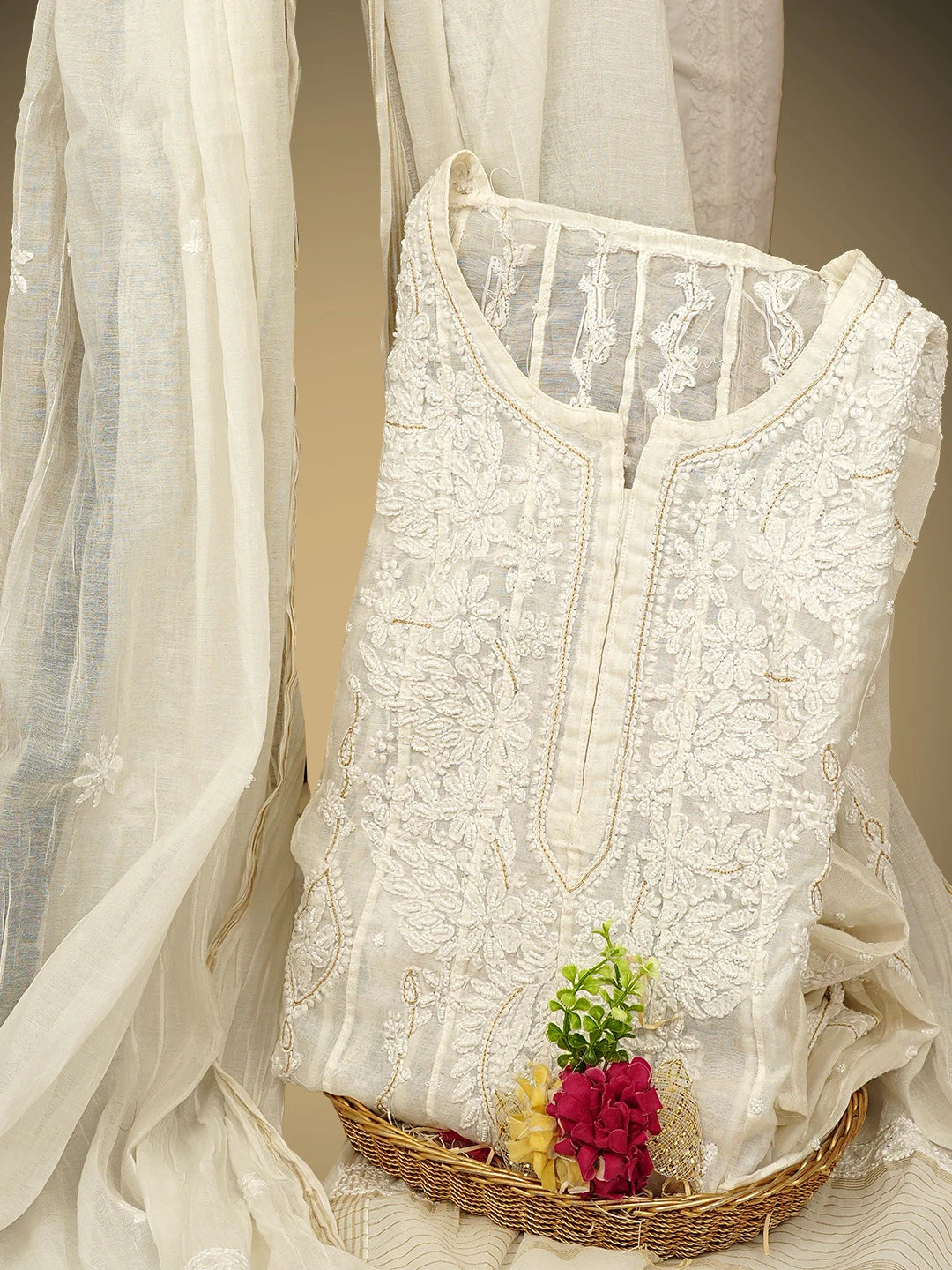 Ada Hand Embroidered White Chanderi Lucknowi Chikankari Semi-Stitched Anarkali Kurta Dupatta Set With Pearl Work 01A890295
