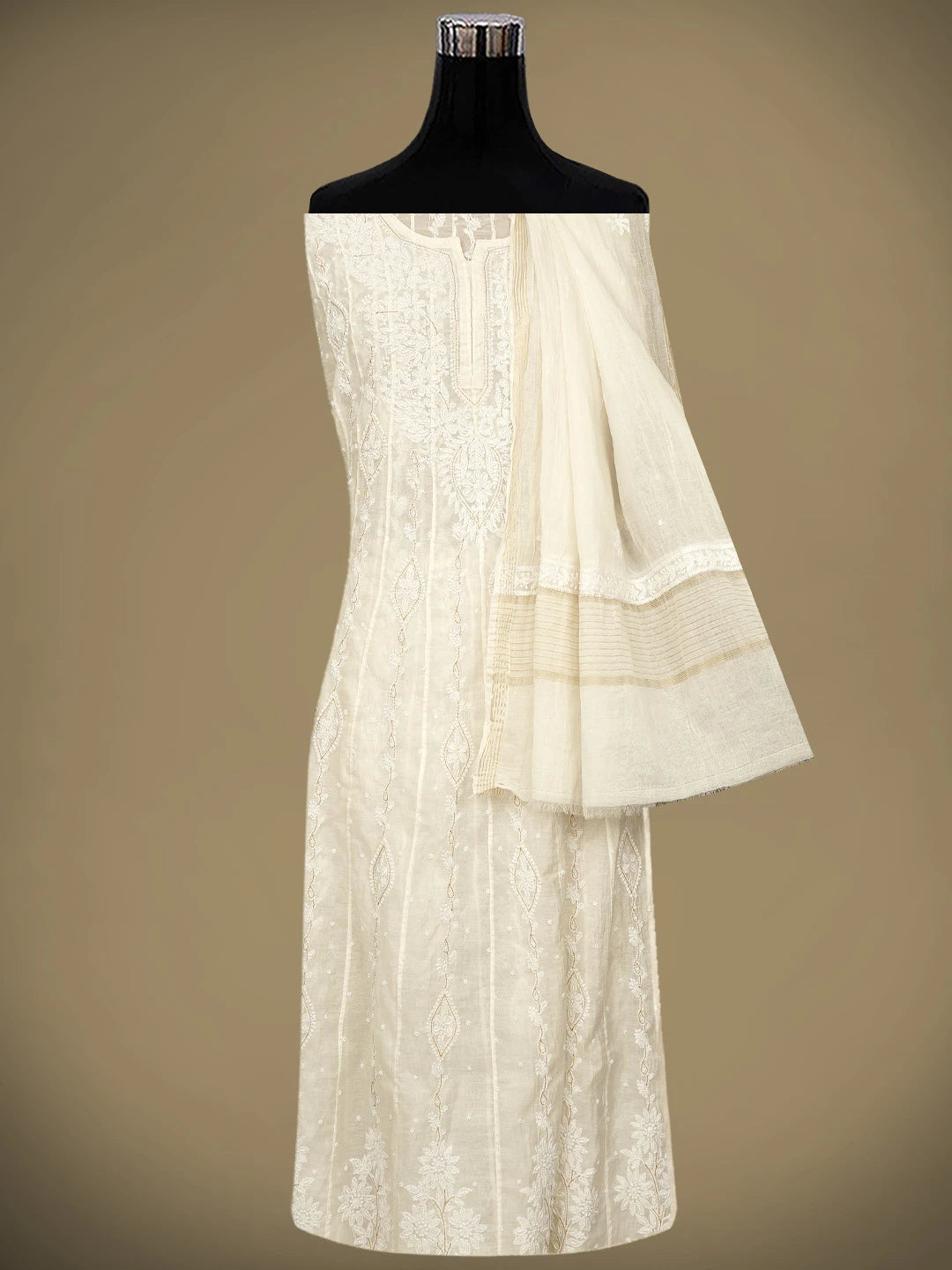 Ada Hand Embroidered White Chanderi Lucknowi Chikankari Semi-Stitched Anarkali Kurta Dupatta Set With Pearl Work 01A890295