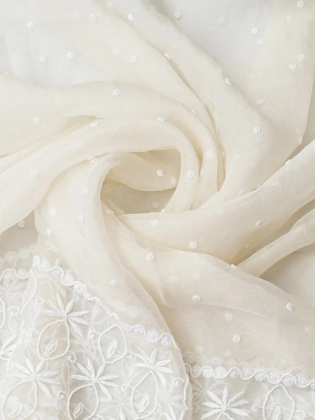 Ada Hand Embroidered White Organza Lucknowi Chikankari Unstitched Kurta Dupatta Set With Pearl Work 01A758071