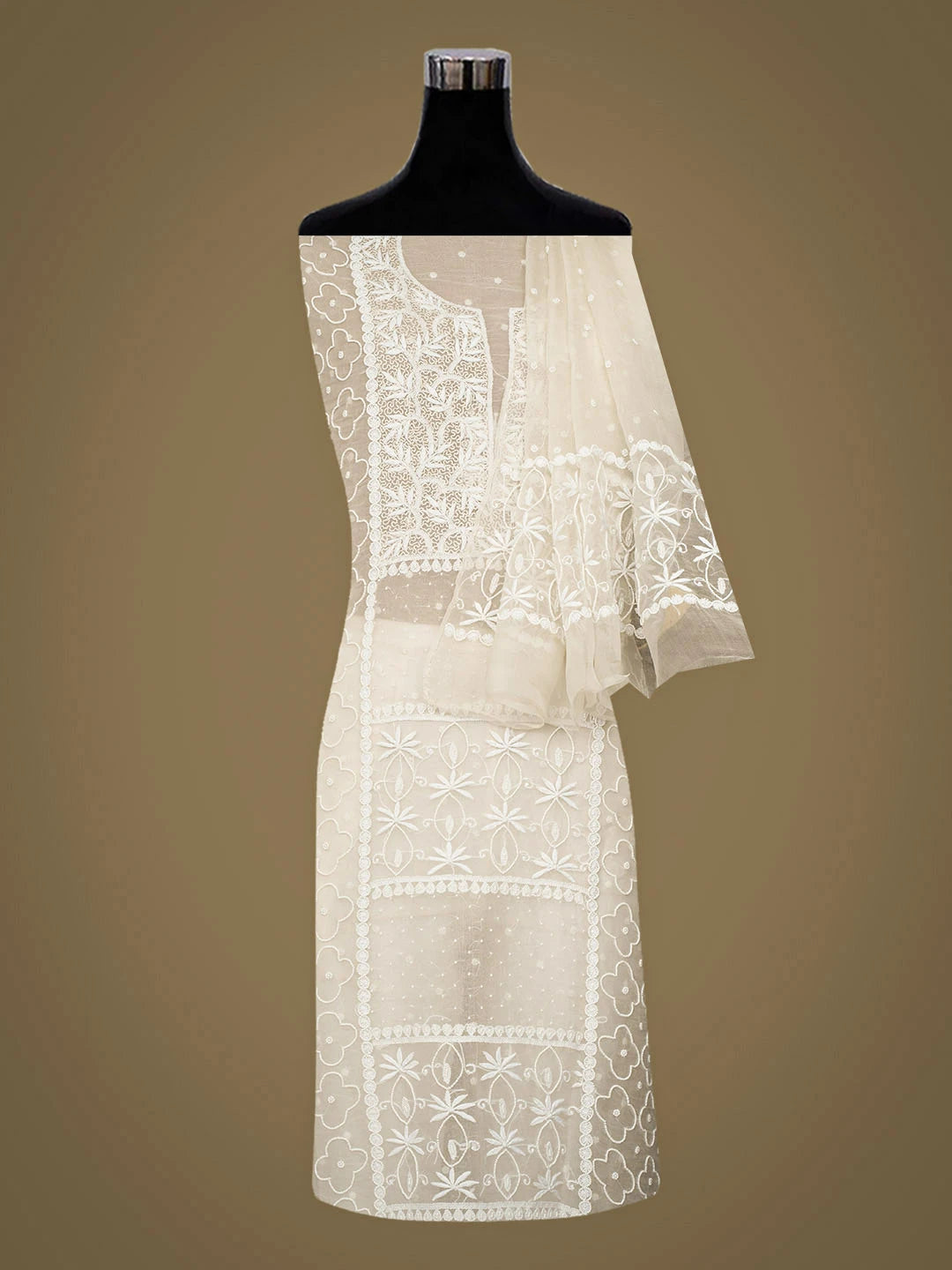 Ada Hand Embroidered White Organza Lucknowi Chikankari Unstitched Kurta Dupatta Set With Pearl Work 01A758071